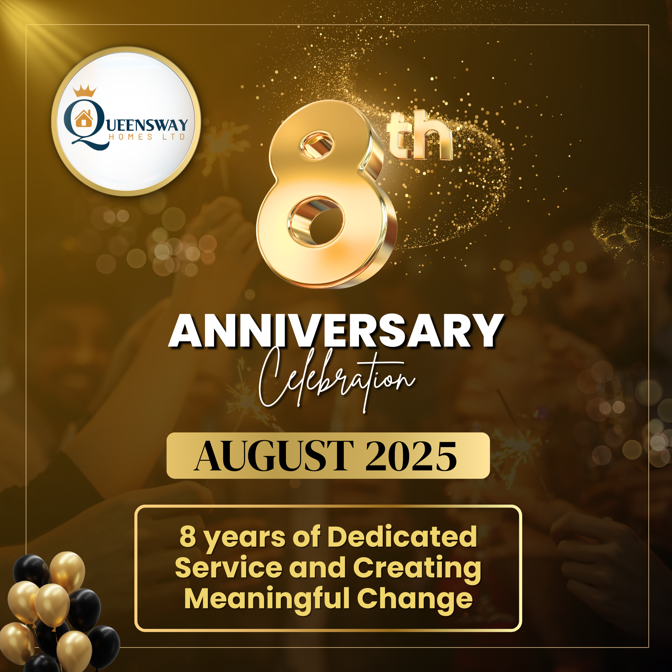 Queensway Homes 8th Anniversary celebration banner, highlighting 8 years of dedicated care and support services for adults with learning disabilities, mental health conditions, and physical disabilities.