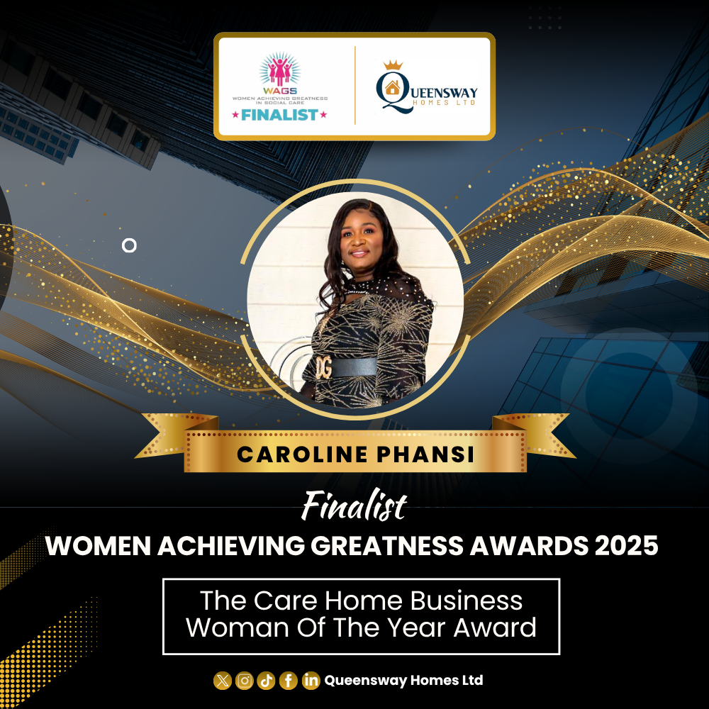 Promotional graphic announcing a finalist recognition in the Women Achieving Greatness in Social Care Awards, featuring a circular photo of a woman and the name “Caroline Phansi” with celebratory gold design elements.