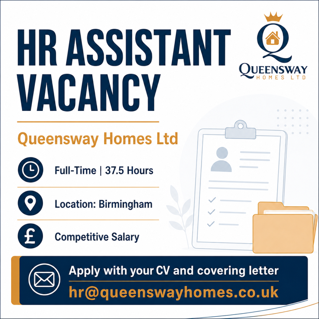 HR Assistant Vacancy at Queensway Homes Ltd in Birmingham, full-time role with competitive salary
